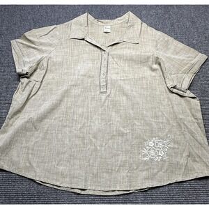 Blair Shirt Womens 3XL Beige Embroidered Floral Short Sleeve‎ Cotton Button Top
